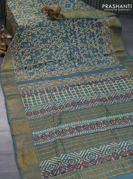 Pure tussar silk saree greyish blue and dark peacock blue with allover ajrakh prints & french knot work and zari woven border