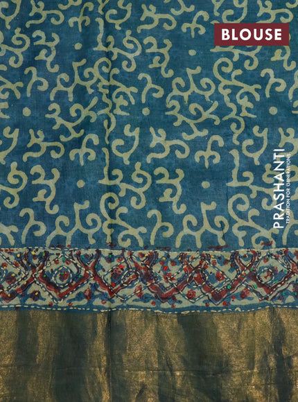 Pure tussar silk saree greyish blue and dark peacock blue with allover ajrakh prints & french knot work and zari woven border