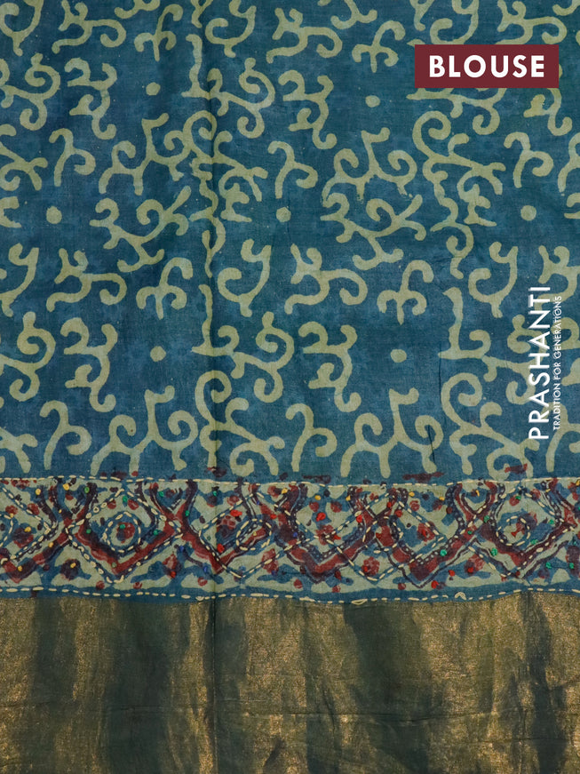 Pure tussar silk saree greyish blue and dark peacock blue with allover ajrakh prints & french knot work and zari woven border