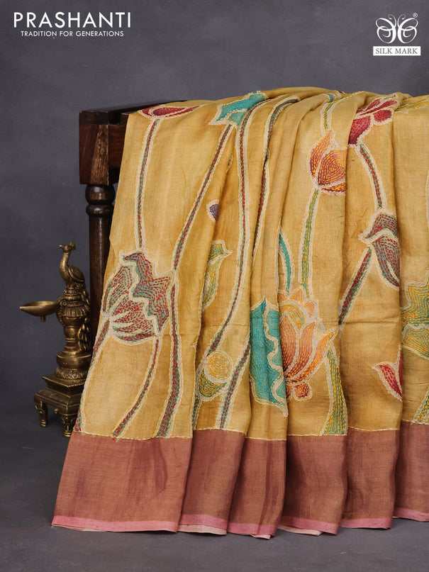 Pure tussar silk saree yellow and pink shade with floral prints & embroidery work and zari woven border