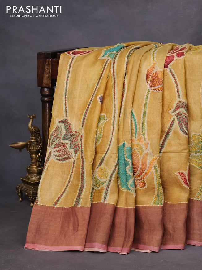 Pure tussar silk saree yellow and pink shade with floral prints & embroidery work and zari woven border