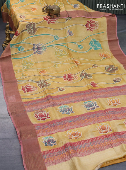 Pure tussar silk saree yellow and pink shade with floral prints & embroidery work and zari woven border