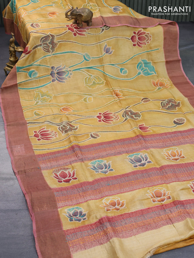 Pure tussar silk saree yellow and pink shade with floral prints & embroidery work and zari woven border