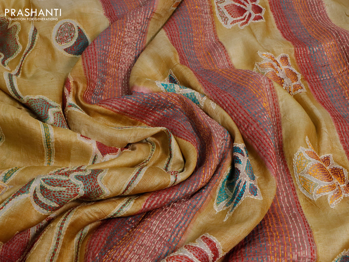 Pure tussar silk saree yellow and pink shade with floral prints & embroidery work and zari woven border