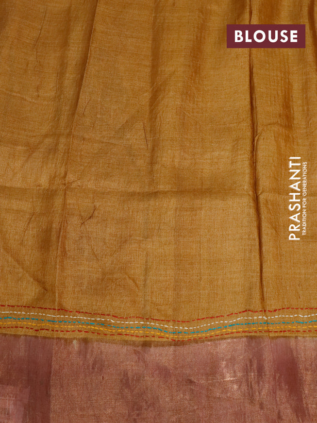 Pure tussar silk saree yellow and pink shade with floral prints & embroidery work and zari woven border