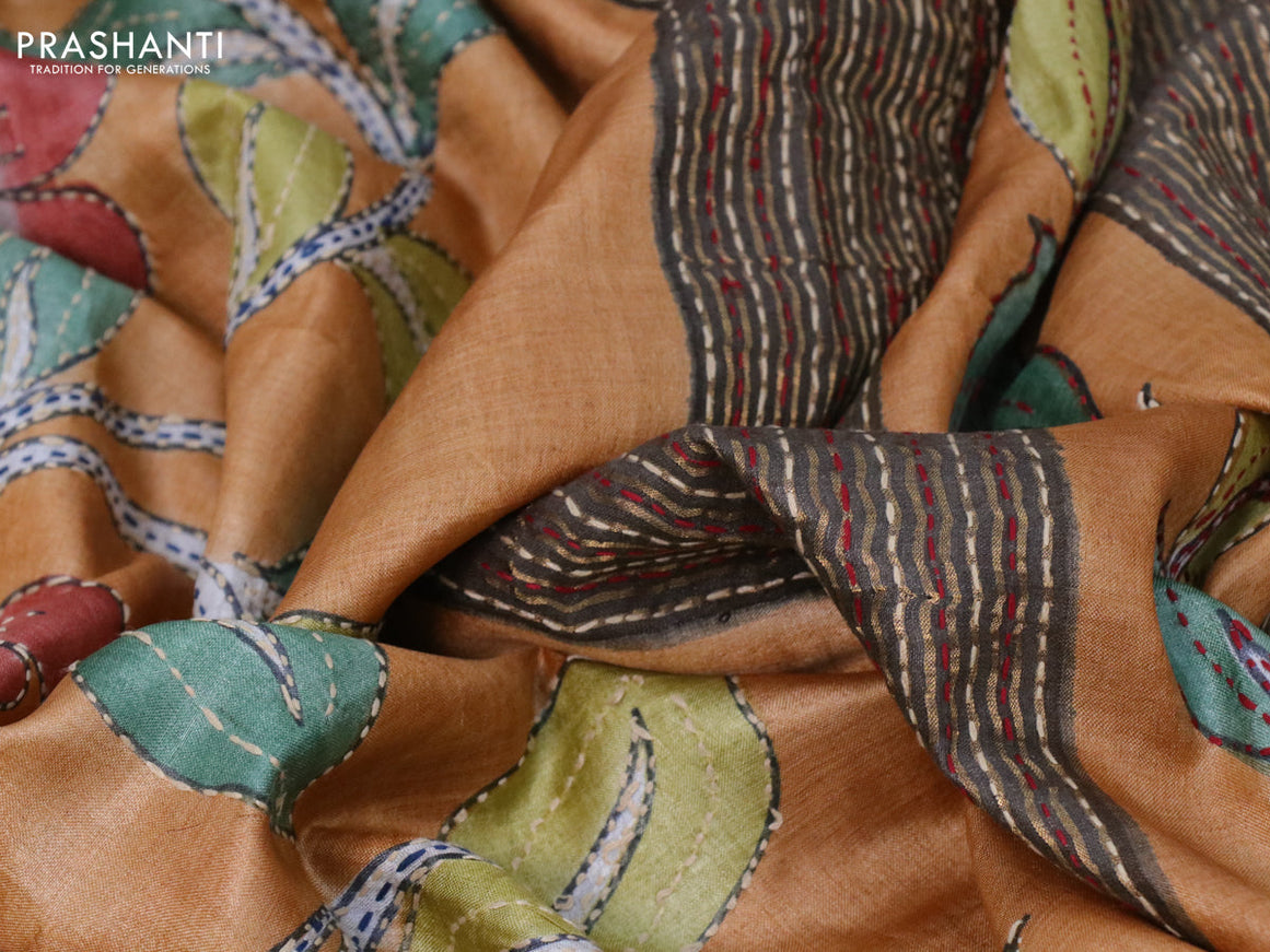 Pure tussar silk saree pale orange and grey with allover kalamkari prints & embroidery work and zari woven border