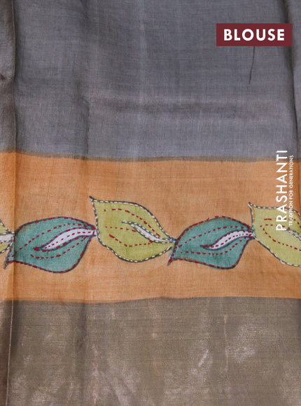 Pure tussar silk saree pale orange and grey with allover kalamkari prints & embroidery work and zari woven border