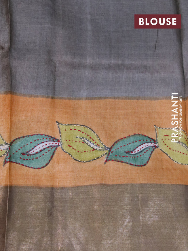 Pure tussar silk saree pale orange and grey with allover kalamkari prints & embroidery work and zari woven border