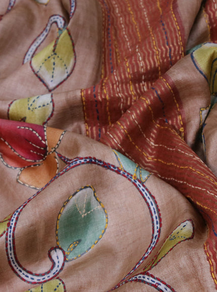 Pure tussar silk saree dark sandal and rust shade with allover kalamkari prints & embroidery work and zari woven border