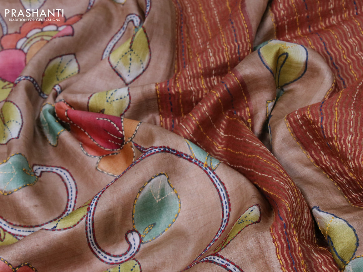 Pure tussar silk saree dark sandal and rust shade with allover kalamkari prints & embroidery work and zari woven border