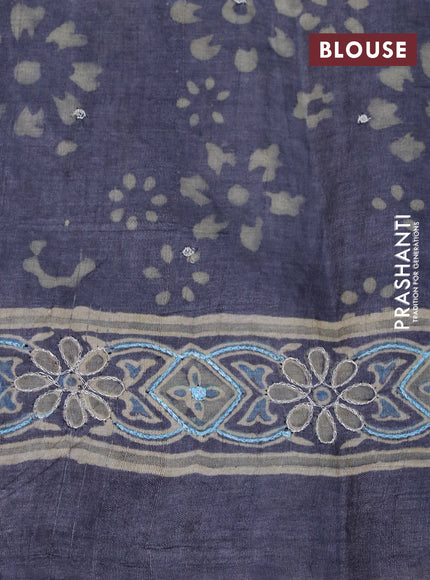 Pure tussar silk saree grey with allover ajrakh prints & pita work in borderless style