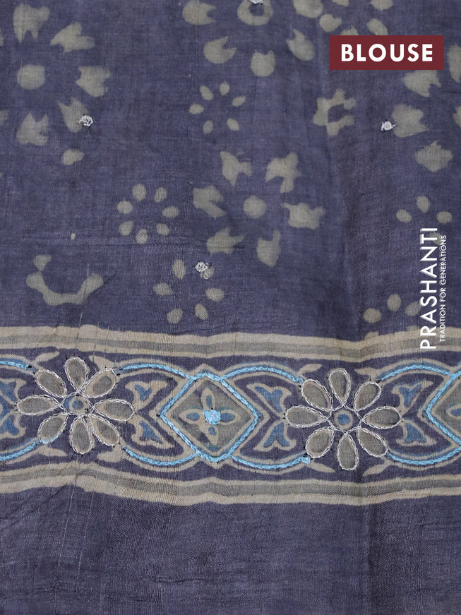 Pure tussar silk saree grey with allover ajrakh prints & pita work in borderless style