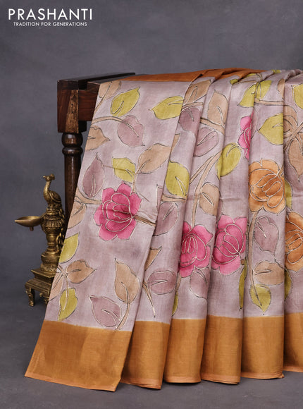 Pure tussar silk saree pastel brown shade and mustard shade with allover kalakari prints & pita work and zari woven border