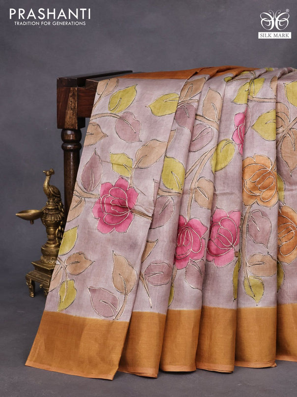 Pure tussar silk saree pastel brown shade and mustard shade with allover kalakari prints & pita work and zari woven border