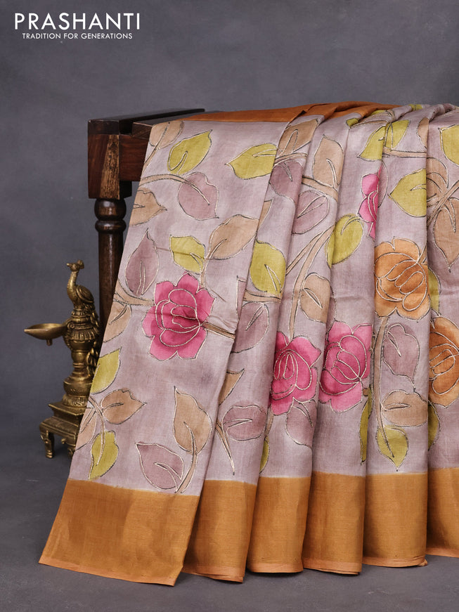 Pure tussar silk saree pastel brown shade and mustard shade with allover kalakari prints & pita work and zari woven border