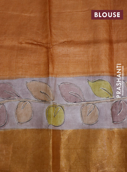 Pure tussar silk saree pastel brown shade and mustard shade with allover kalakari prints & pita work and zari woven border