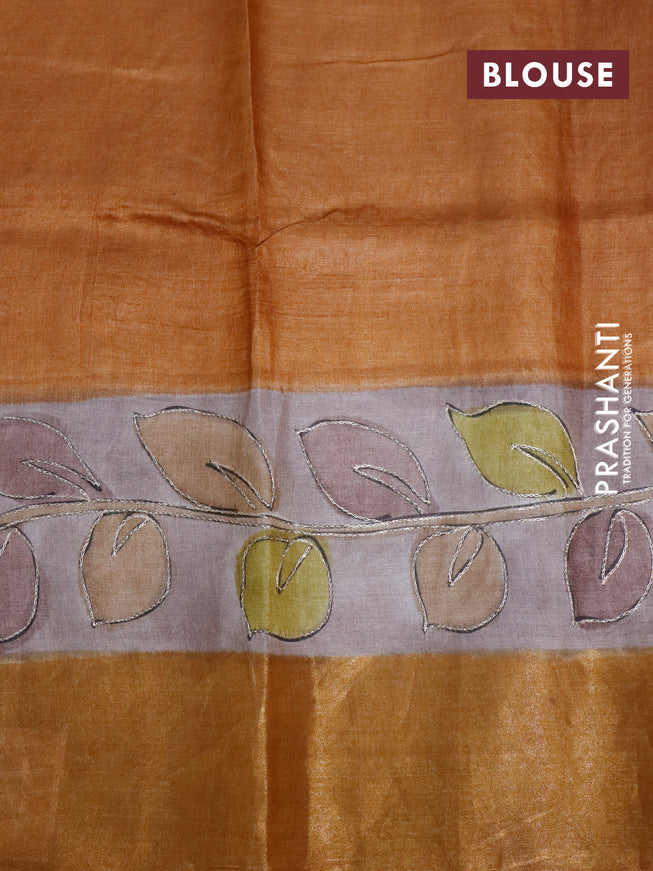 Pure tussar silk saree pastel brown shade and mustard shade with allover kalakari prints & pita work and zari woven border