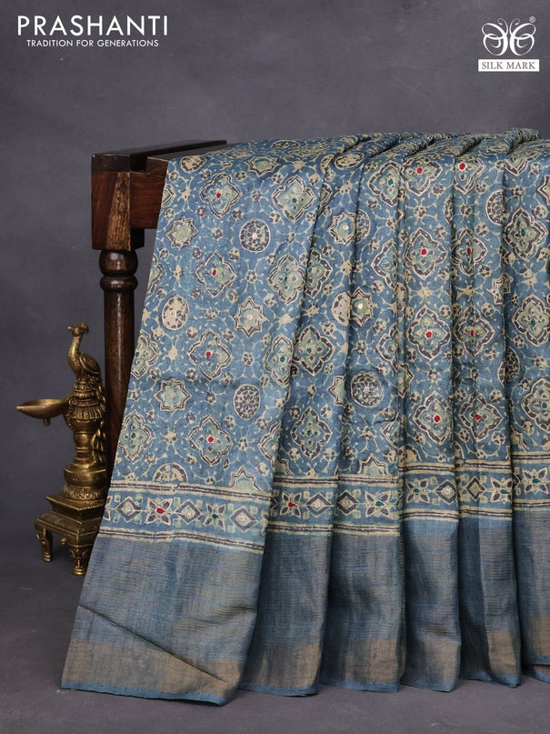 Pure tussar silk saree blue shade with allover ajrakh prints & pita work and zari woven border