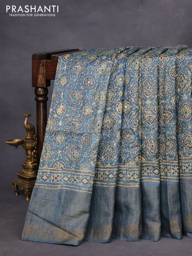 Pure tussar silk saree blue shade with allover ajrakh prints & pita work and zari woven border