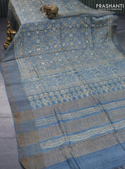 Pure tussar silk saree blue shade with allover ajrakh prints & pita work and zari woven border