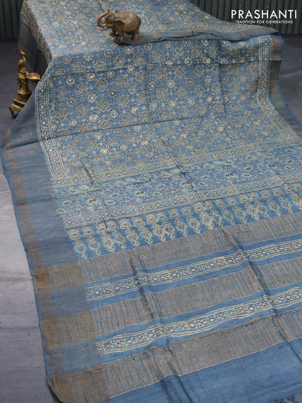 Pure tussar silk saree blue shade with allover ajrakh prints & pita work and zari woven border