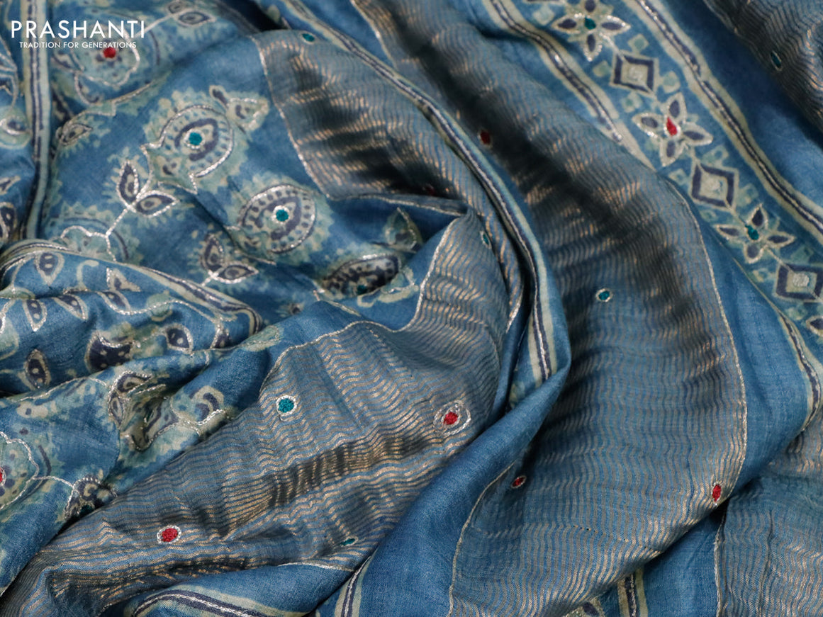 Pure tussar silk saree blue shade with allover ajrakh prints & pita work and zari woven border