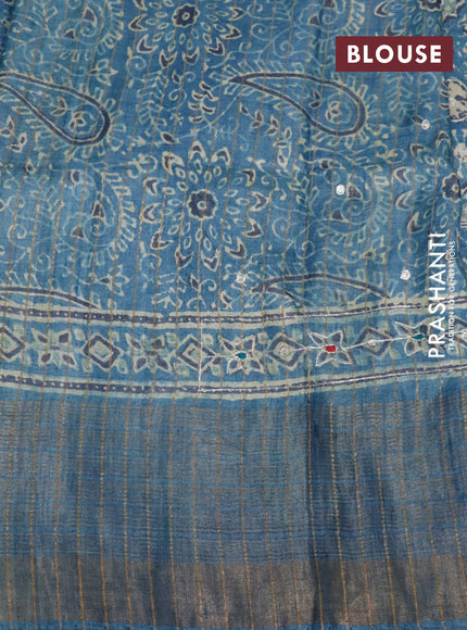 Pure tussar silk saree blue shade with allover ajrakh prints & pita work and zari woven border