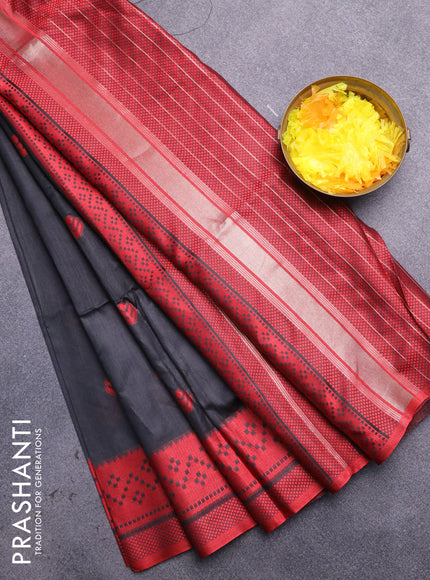 Semi dupion saree black and maroon with thread woven buttas and thread woven border