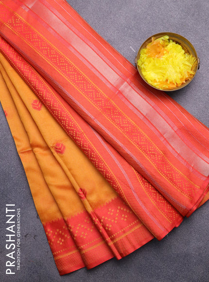 Semi dupion saree mustard yellow and red with thread woven buttas and thread woven border