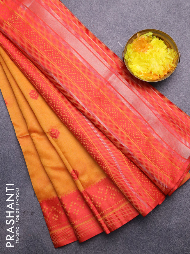 Semi dupion saree mustard yellow and red with thread woven buttas and thread woven border