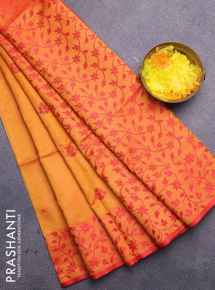 Semi dupion saree mustard yellow and red with thread woven buttas and thread woven border