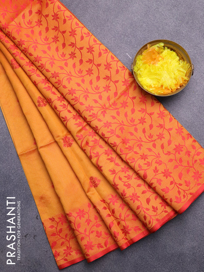 Semi dupion saree mustard yellow and red with thread woven buttas and thread woven border