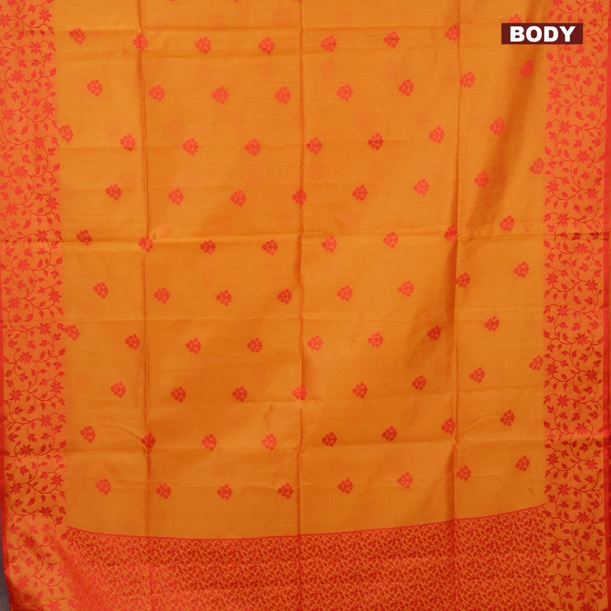 Semi dupion saree mustard yellow and red with thread woven buttas and thread woven border