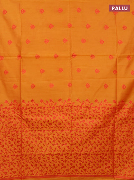 Semi dupion saree mustard yellow and red with thread woven buttas and thread woven border