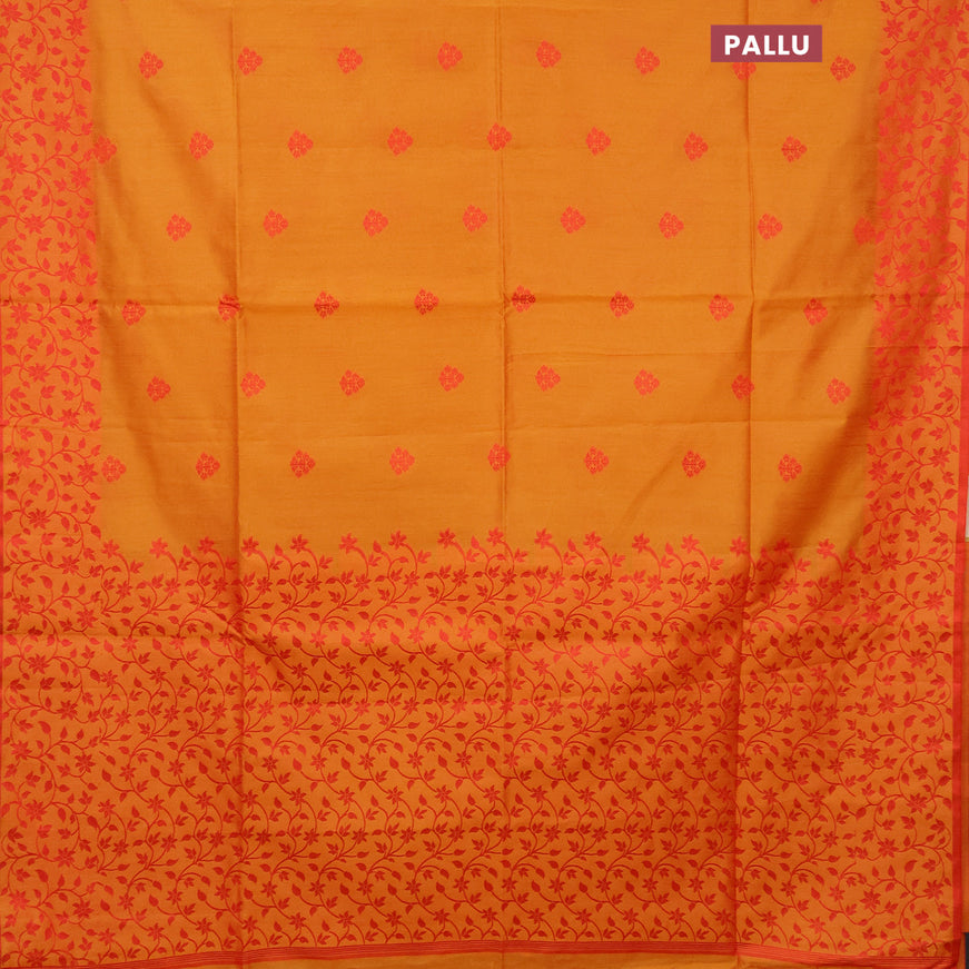 Semi dupion saree mustard yellow and red with thread woven buttas and thread woven border