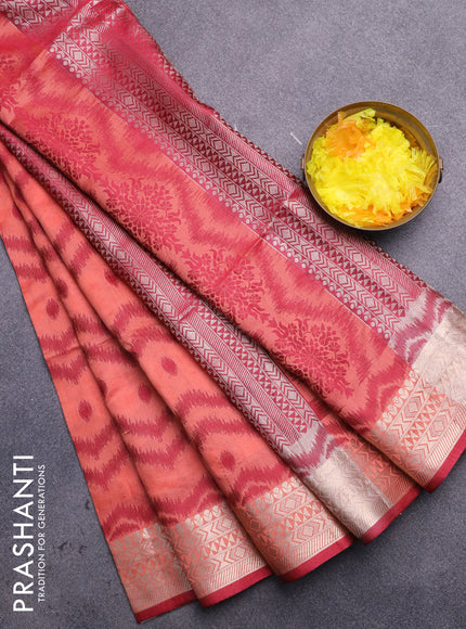 Semi dupion saree peach shade and maroon with allover thread weaves & buttas and zari woven border