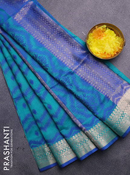 Semi dupion saree teal blue and blue with allover thread weaves & buttas and zari woven border