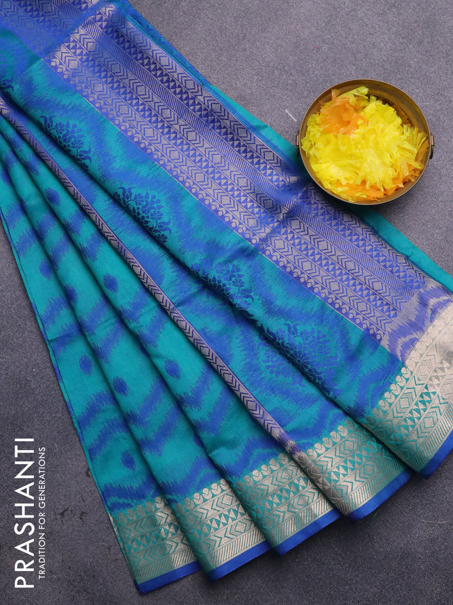 Semi dupion saree teal blue and blue with allover thread weaves & buttas and zari woven border