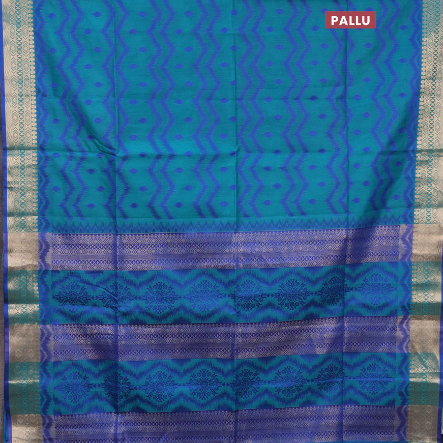 Semi dupion saree teal blue and blue with allover thread weaves & buttas and zari woven border