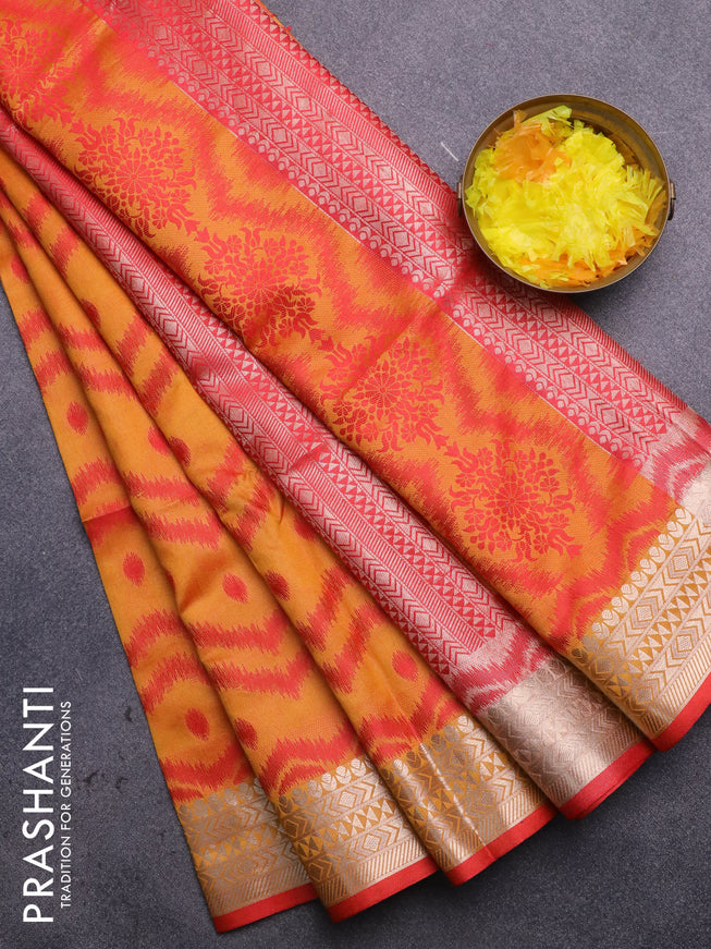 Semi dupion saree mustard yellow and red with allover thread weaves & buttas and zari woven border