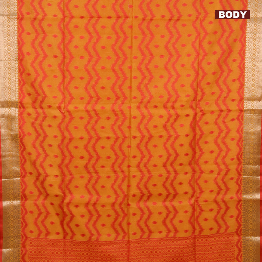 Semi dupion saree mustard yellow and red with allover thread weaves & buttas and zari woven border