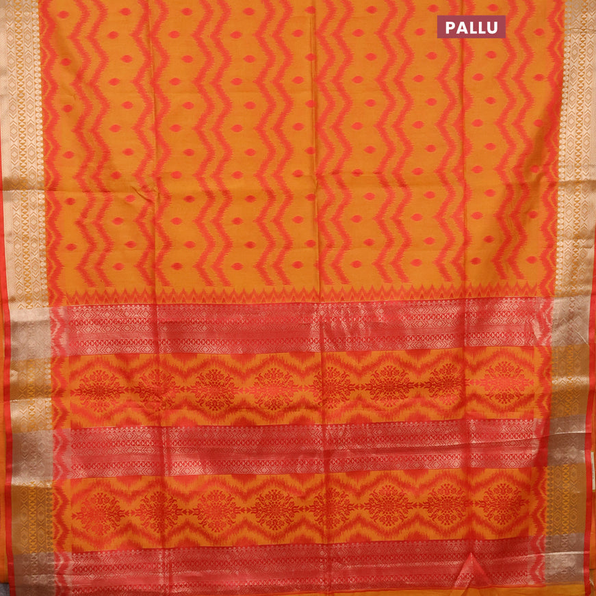 Semi dupion saree mustard yellow and red with allover thread weaves & buttas and zari woven border