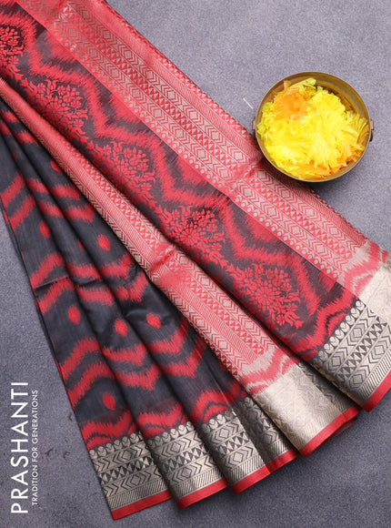 Semi dupion saree black and maroon with allover thread weaves & buttas and zari woven border