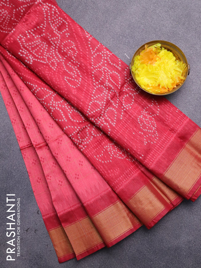 Semi dupion saree pink and maroon with allover zari checks & thread buttas and zari woven border