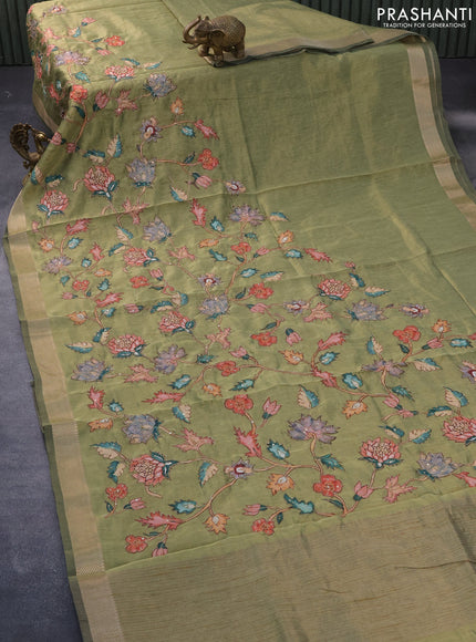 Tissue organza saree olive green with allover kalamkari applique work and zari woven border