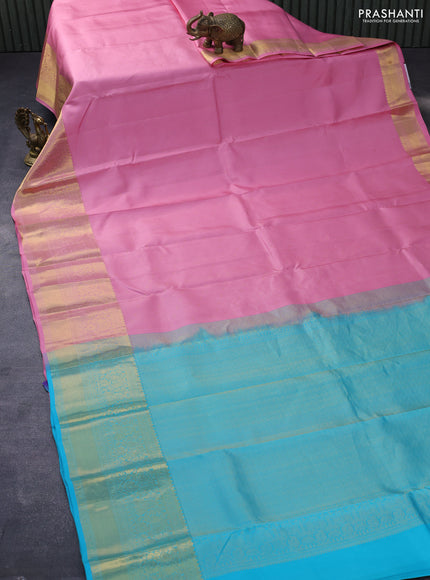 Pure kanjivaram silk saree light pink and light blue with allover zari weaves and long zari woven border