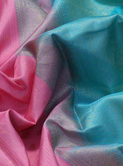 Pure kanjivaram silk saree light pink and light blue with allover zari weaves and long zari woven border