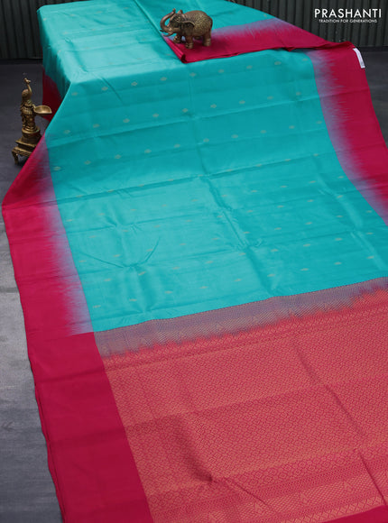 Pure kanjivaram silk saree teal blue and pink with zari woven buttas and simple border