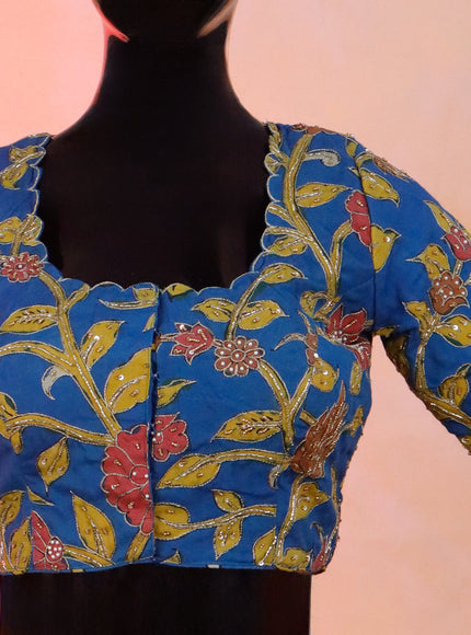 Pen kalamkari readymade blouse cs blue with allover kalamkari prints & embroidery work