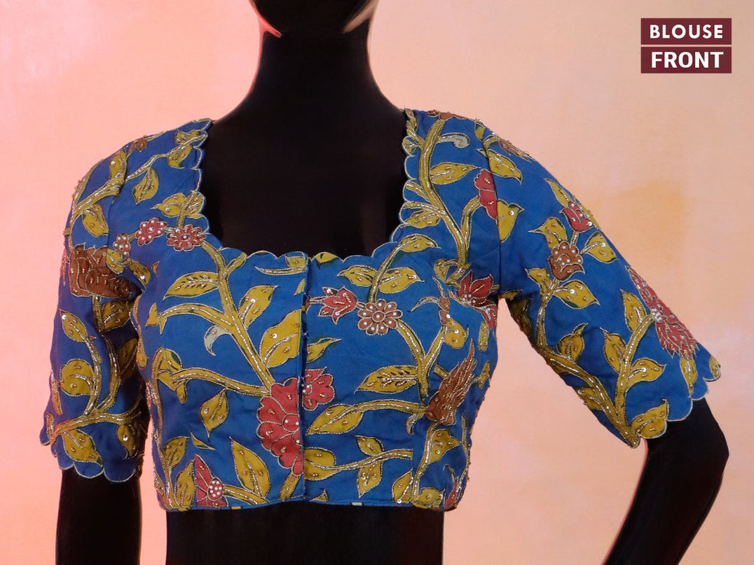 Pen kalamkari readymade blouse cs blue with allover kalamkari prints & embroidery work